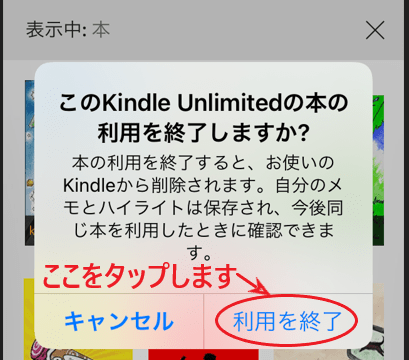 「利用を終了」をタップする画面。