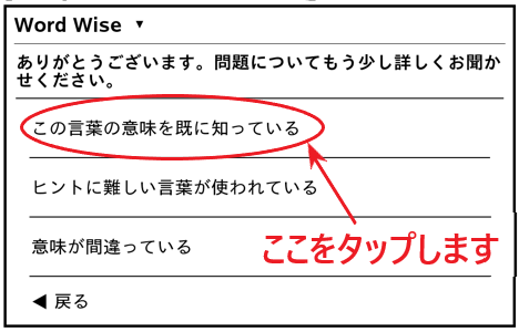 「この言葉の意味を既に知っている」を選択する画面。